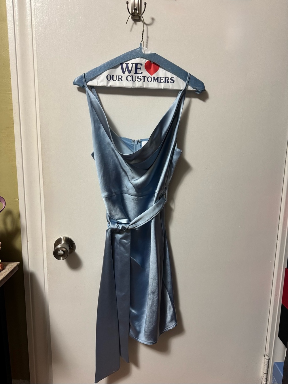 MARBLE Satin Cowl Neck Mini Dress in Light Blue with Waist Tie